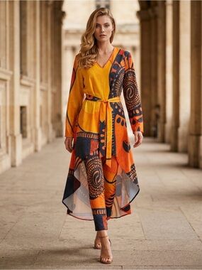 2 for $30 | Abstract Orange & Black High-Low Wrap Dress/Tunic with Belt